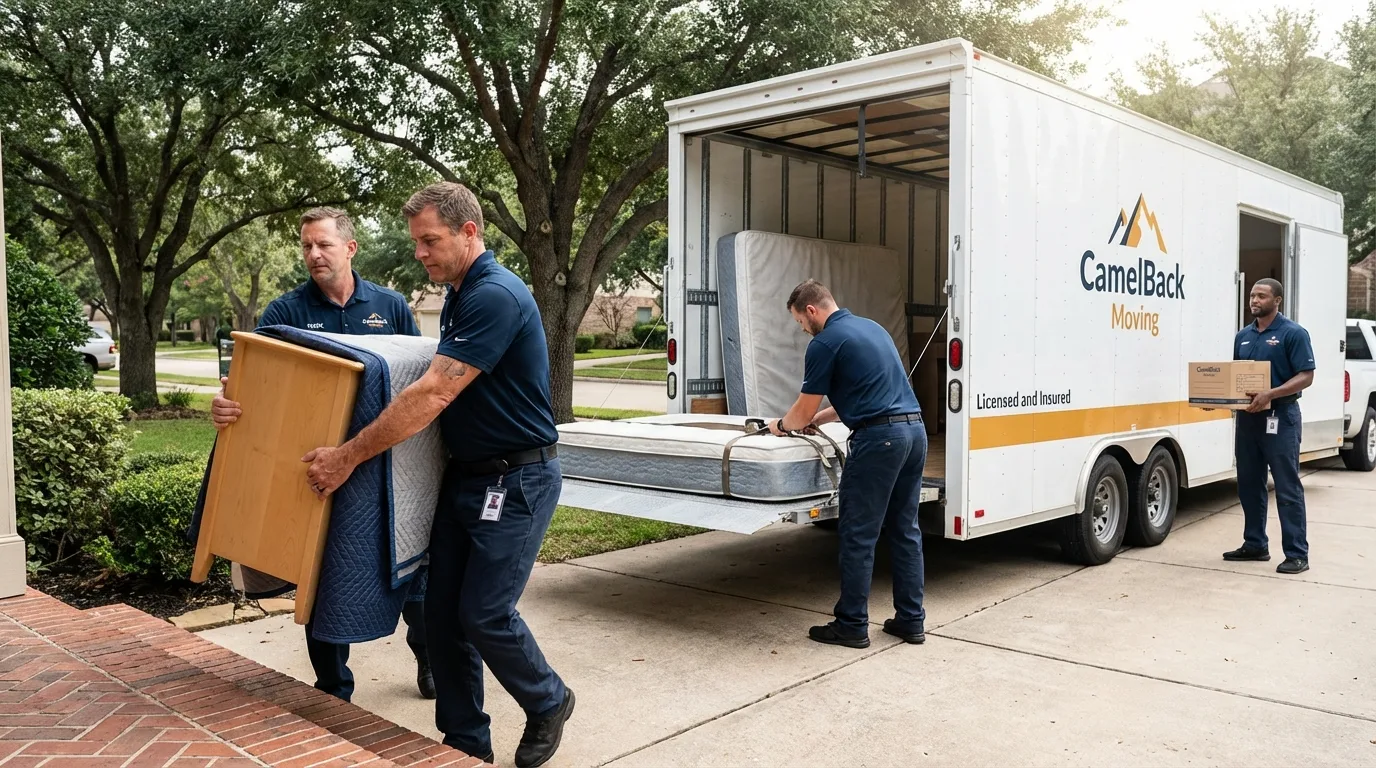 Crew loading residential truck for cross-state move from Rankin, TX