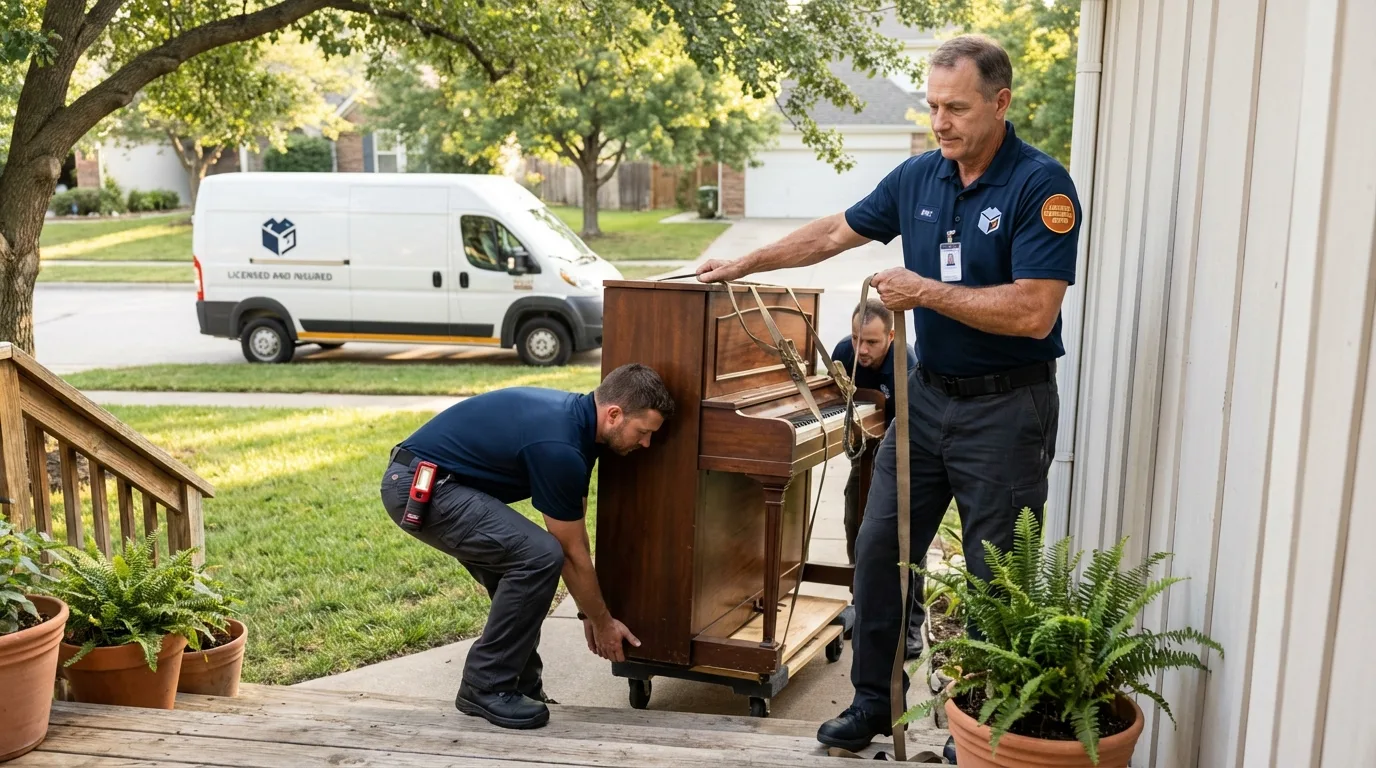 Licensed piano movers securing grand piano in Rankin, TX