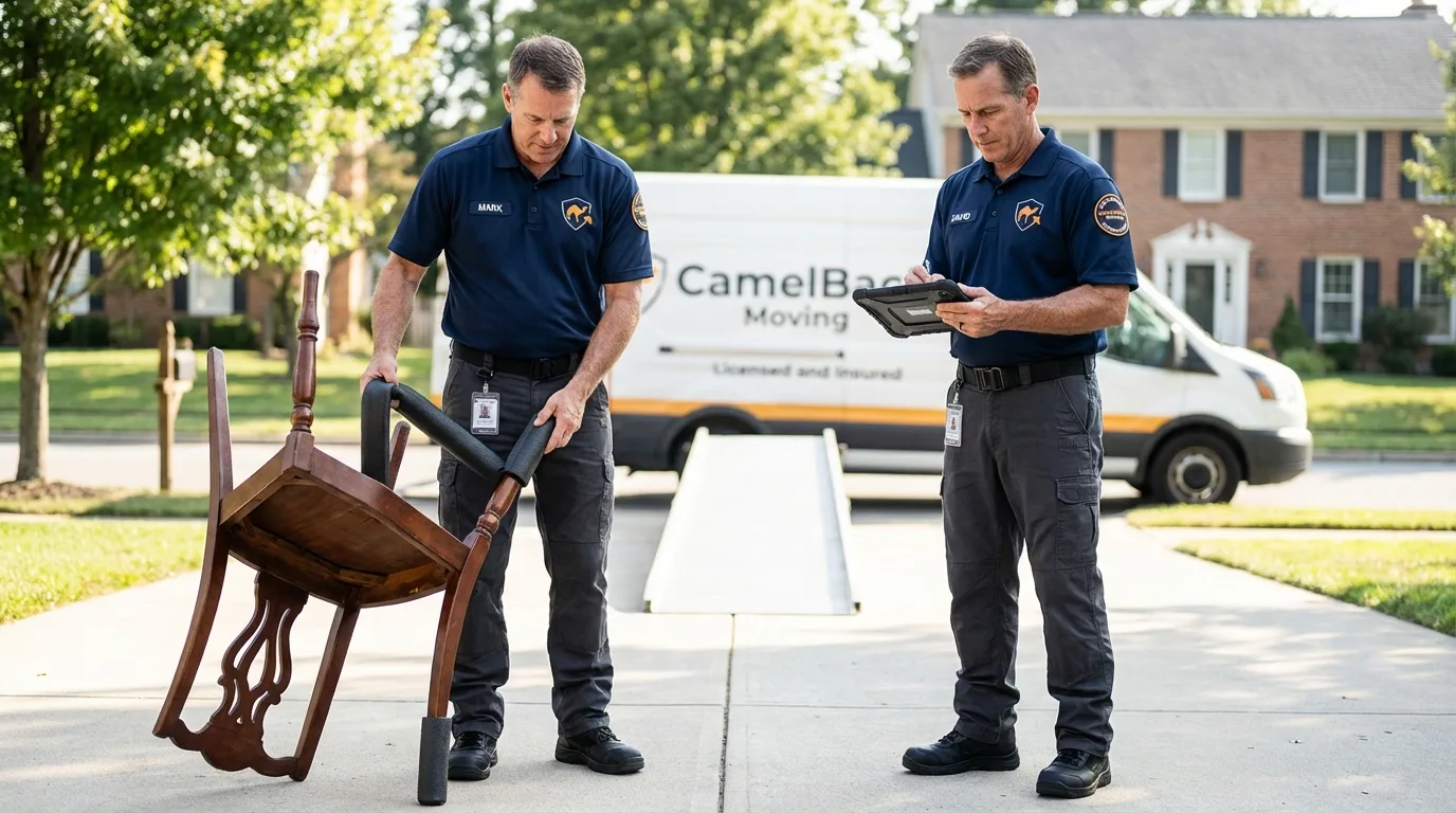 Movers inspecting furniture for damage prevention before loading in Rankin, TX