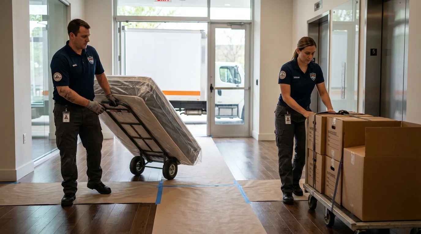 Professional apartment movers loading elevator in Rankin, TX